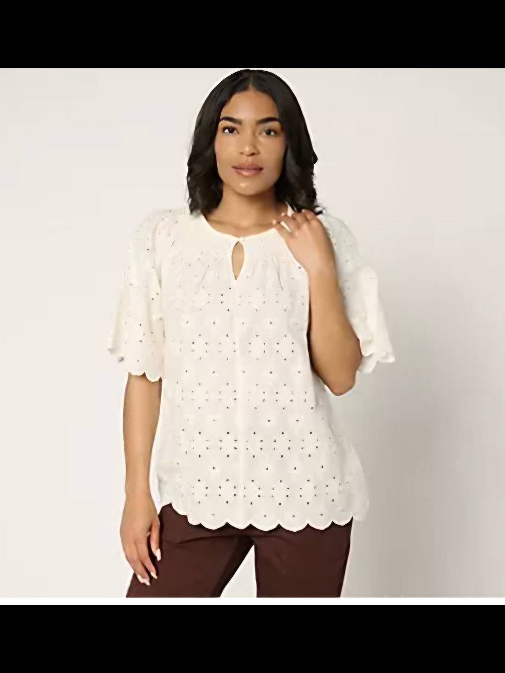 LOGO by Lori Goldstein Cream Broderie Eyelet Keyhole Blouse